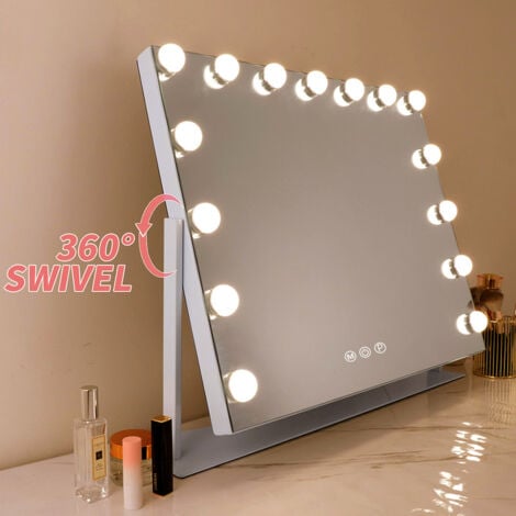 FENCHILIN Lighted Makeup Mirror 360 Degree Rotation Hollywood Vanity Mirror with Lights 15 LED Bulbs Lighted Hollywood Makeup Mirror with 10X Magnifying, USB Charging Port Touch Control