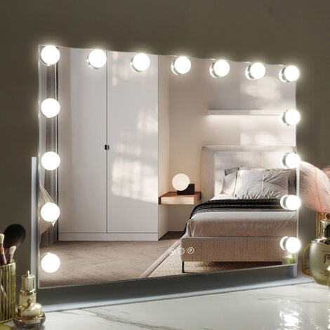 FENCHILIN Lighted Makeup Mirror 360 Degree Rotation Hollywood Vanity Mirror with Lights 15 LED Bulbs Lighted Hollywood Makeup Mirror with 10X Magnifying, USB Charging Port Touch Control