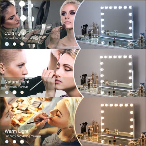 FENCHILIN Lighted Makeup Mirror 360 Degree Rotation Hollywood Vanity Mirror with Lights 15 LED Bulbs Lighted Hollywood Makeup Mirror with 10X Magnifying, USB Charging Port Touch Control