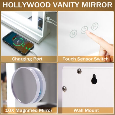 FENCHILIN Hollywood Mirror Vanity Mirror with Lights LED Lightstrip USB Port 3 Lighting Modes Vanity Mirror Makeup Mirror with Lights10x Magnifying Glass Touchscreen for Dressing Table 58x46cm