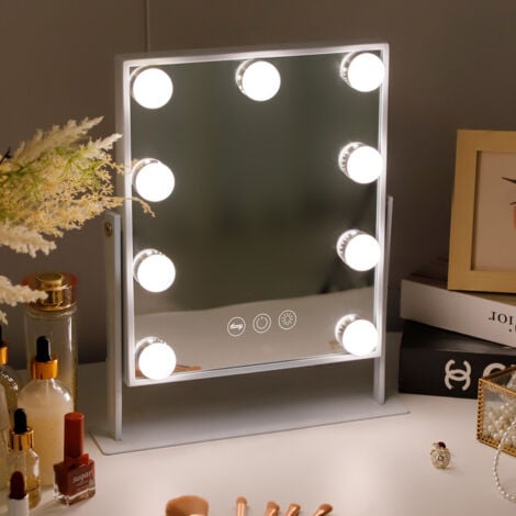 FENCHILIN 25x30cm Vanity Mirror with Lights Makeup Mirror 9 LED Bulbs Lighted Hollywood Mirror Light up Vanity Mirror 360°Rotation 3 Color Lighting Modes 10X Magnifying Dressing Table Mirror