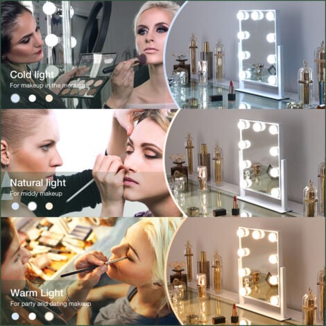 FENCHILIN 25x30cm Vanity Mirror with Lights Makeup Mirror 9 LED Bulbs Lighted Hollywood Mirror Light up Vanity Mirror 360°Rotation 3 Color Lighting Modes 10X Magnifying Dressing Table Mirror