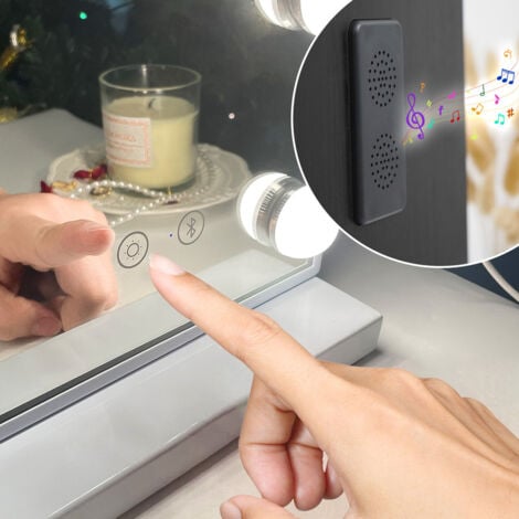 FENCHILIN Vanity Mirror with Lights and Bluetooth Speaker Makeup Mirror Lighted Hollywood Mirror with 15 Dimmable LED Bulbs USB Charge Port, 3 Color Lighting Modes White 58 x 46cm