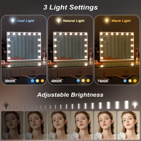 FENCHILIN Vanity Mirror with Lights and Bluetooth Speaker Makeup Mirror Lighted Hollywood Mirror with 15 Dimmable LED Bulbs USB Charge Port, 3 Color Lighting Modes White 58 x 46cm
