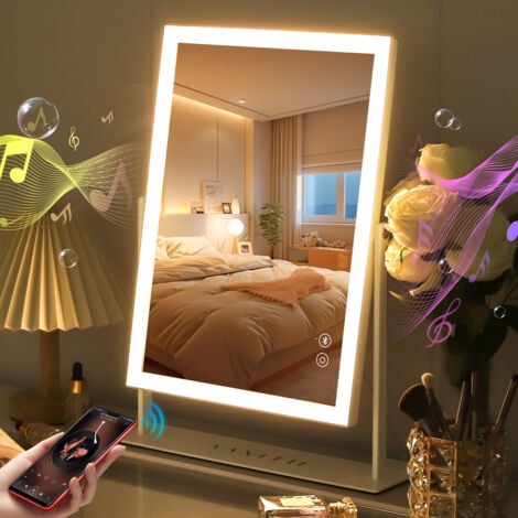 FENCHILIN Makeup Mirror with Bluetooth Speaker, 30cm x 41cm Vanity Mirror with LED Lights, Smart Touch Controls for Gorgeous Rooms and Bedrooms, Detachable 10x Magnifying Mirror, White
