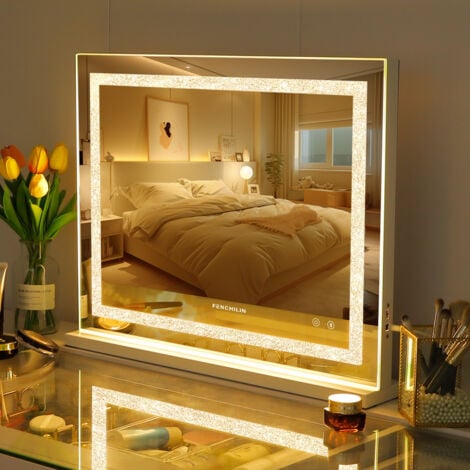 FENCHILIN Bluetooth Hollywood Vanity Mirror with Lights Crushed Crystal Vanity Mirror with Lights Music Speaker Dimmable LED Lightstrip 3 Color Modes Makeup Mirror with Lights 58x46cm