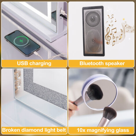 FENCHILIN Bluetooth Hollywood Vanity Mirror with Lights Crushed Crystal Vanity Mirror with Lights Music Speaker Dimmable LED Lightstrip 3 Color Modes Makeup Mirror with Lights 58x46cm