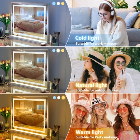 FENCHILIN Bluetooth Hollywood Vanity Mirror with Lights Crushed Crystal Vanity Mirror with Lights Music Speaker Dimmable LED Lightstrip 3 Color Modes Makeup Mirror with Lights 58x46cm