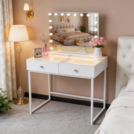 FENCHILIN Dressing table with LED lighting，Makeup Mirror with LED Light,Three Light Settings,Adjustable Brightness,2-drawer Vanity table 100 x 81 x 55 cm White
