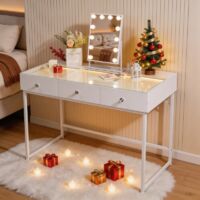 FENCHILIN Dressing table with LED lighting,Makeup Mirror with LED Light,Three Light Settings,Adjustable Brightness,3-drawer Vanity table 115 x 81 x 55 cm White