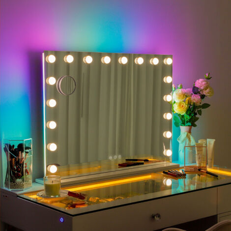 FENCHILIN Espejo cosmético con luces RGB Espejo de maquillaje Hollywood con 18 bombillas regulables Espejo cosmético iluminado con toque inteligente para dormitorio vestidor 80cm x 58cm blanco