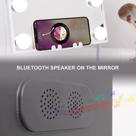 FENCHILIN Hollywood espejo espejo de maquillaje con iluminación 9 lámparas dimmer función de carga inalámbrica altavoz de música espejo de maquillaje con luz espejo cosmético espejo de mesa dormitorio