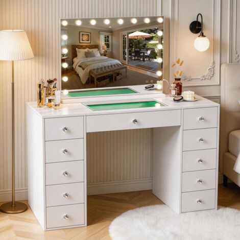 FENCHILIN Tocador de alta gama con iluminación RGB,con espejo de aumento y diseño iluminado, 11cajones,estructura de madera maciza,130cm x 55cm x 81cm