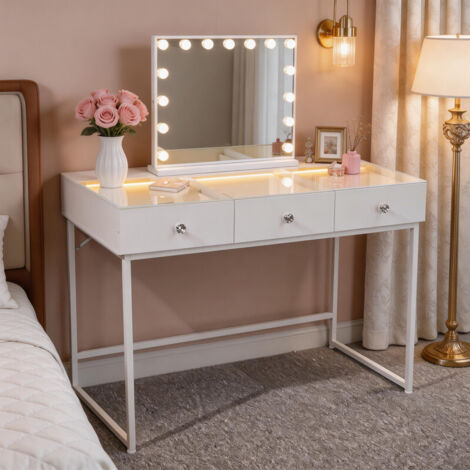 FENCHILIN Tocador con iluminación LED, espejo de maquillaje con luz LED, tres niveles de iluminación, intensidad regulable, tocador con 3 cajones, 115 x 81 x 55 cm, blanco