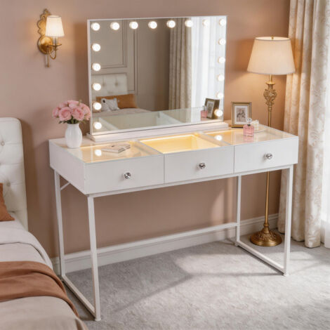 FENCHILIN Tocador con iluminación LED, espejo de maquillaje con luz LED, tres niveles de iluminación, intensidad regulable, tocador con 3 cajones, 115 x 81 x 55 cm, blanco