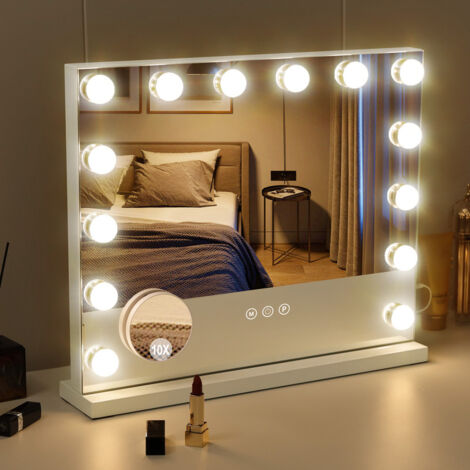 FENCHILIN Hollywood - Specchio cosmetico con luci, 14 lampadine dimmerabili, 3 modalità di illuminazione, per tavolo da toeletta, specchio da trucco, lente d'ingrandimento 10x, touchscreen 50 x 42 cm