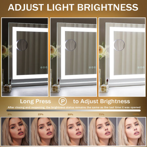 FENCHILIN specchio con lampada regolabile a 3 effetti di luce da appendere a parete / scrivania specchio per il trucco specchio da bagno grande bianco 58cm x 46cm