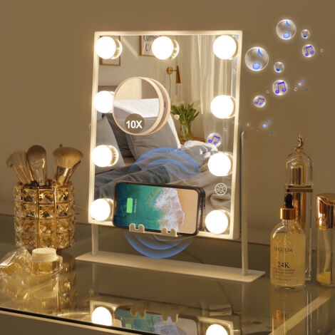FENCHILIN Specchio Trucco con Luci Stazione Di Ricarica Wireless 9 Lampade Dimmerabili Altoparlante Girevole a 360 Gradi Specchio da Tavolo Trucco con Luci Hollywood Bianca 25 x 30 cm
