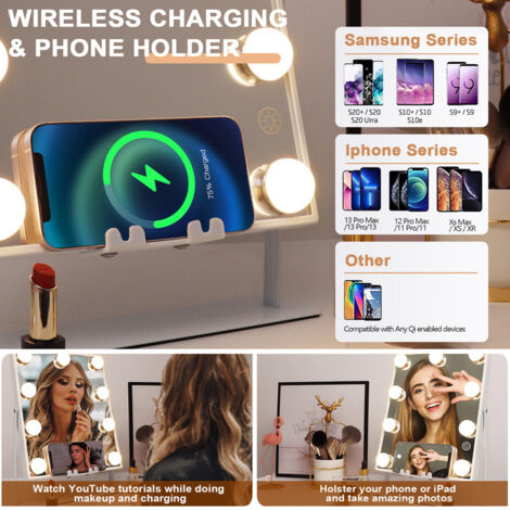 FENCHILIN Specchio Trucco con Luci Stazione Di Ricarica Wireless 9 Lampade Dimmerabili Altoparlante Girevole a 360 Gradi Specchio da Tavolo Trucco con Luci Hollywood Bianca 25 x 30 cm