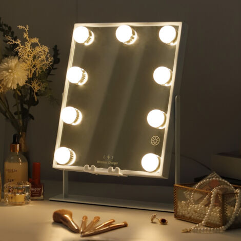 FENCHILIN Specchio Trucco con Luci Stazione Di Ricarica Wireless 9 Lampade Dimmerabili Altoparlante Girevole a 360 Gradi Specchio da Tavolo Trucco con Luci Hollywood Bianca 25 x 30 cm