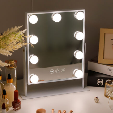 FENCHILIN Specchio Trucco con luci Specchio Trucco con Luce con 9 lampade LED Touch Screen Luci Regolabile a 360 Gradi Hollywood Specchio cosmetico Grande Specchio da Tavolo 10x ingrandente 25x30cm