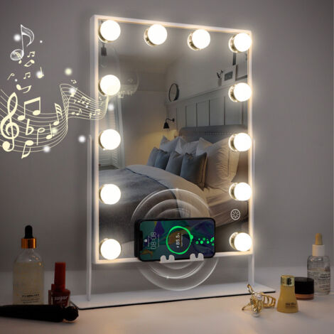 FENCHILIN Specchio con Luci Caricatore Wireless Altoparlante Specchio Trucco con Luci Illuminazione 12 Lampadine Led Dimmerabili Specchio da Tavolo con Luce Bianca 30 x 41 cm