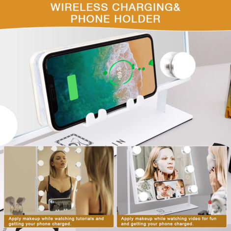 FENCHILIN Specchio con Luci Caricatore Wireless Altoparlante Specchio Trucco con Luci Illuminazione 12 Lampadine Led Dimmerabili Specchio da Tavolo con Luce Bianca 30 x 41 cm