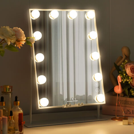FENCHILIN Specchio con Luci Caricatore Wireless Altoparlante Specchio Trucco con Luci Illuminazione 12 Lampadine Led Dimmerabili Specchio da Tavolo con Luce Bianca 30 x 41 cm