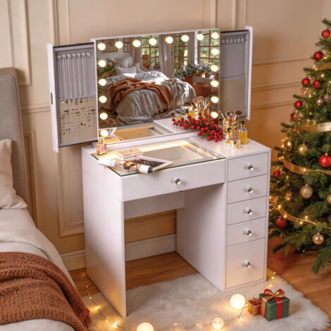 Toeletta con illuminazione a LED, luminosità regolabile, 6 cassetti, 92 x 81 x 55 cm, specchio di cortesia incluso, bianco