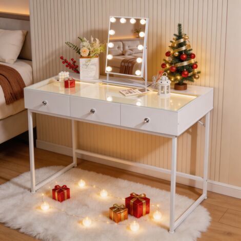 FENCHILIN Toeletta con illuminazione a LED, specchio cosmetico con luce a LED, tre impostazioni di luce, luminosità regolabile, toeletta a 3 cassetti 115 x 81 x 55 cm, bianco