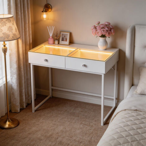 FENCHILIN Toeletta con illuminazione a LED, tre modalità di illuminazione, luminosità regolabile, 2 cassetti, 100 x 81 x 55 cm, bianco