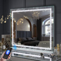 FENCHILIN Specchio con luce Specchio con Bluetooth regolabile con 3 effetti luminosi Da appendere alla parete/Da scrivania Doppia funzione Trucco Specchio da bagno Specchio grande bianco 100 x 80cm