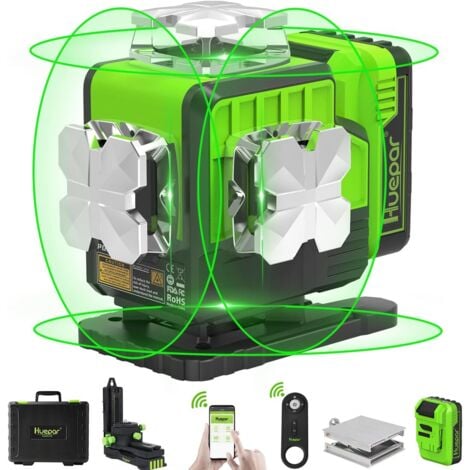 Huepar Livella Laser Autolivellante 360, Laser a Croce Verde 4 x 360 con Bluetooth, Strumento Laser per Piastrelle Orizzontale/Verticale 4D a 16 Linee per Edilizia - Telecomando Incluso, Batteria Rimo