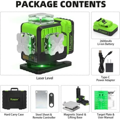 Huepar Livella Laser Autolivellante 360, Laser a Croce Verde 4 x 360 con Bluetooth, Strumento Laser per Piastrelle Orizzontale/Verticale 4D a 16 Linee per Edilizia - Telecomando Incluso, Batteria Rimo