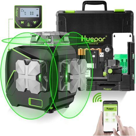 Huepar - Nivel láser autonivelante 3D de 12 líneas con pantalla LCD, nivel láser de línea cruzada de haz verde conectado por Bluetooth de 3 x 360°, línea láser horizontal/vertical de 360°, control rem