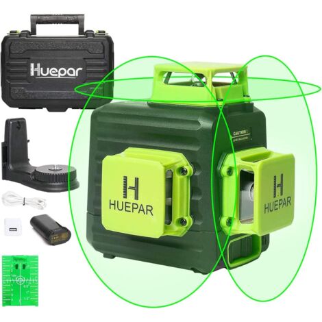 Huepar 3D Cross Line Nivel láser autonivelante 3 x 360 12 líneas Herramienta láser de nivelación y alineación de tres planos de haz verde, batería de iones de litio con puerto de carga tipo C y estuch