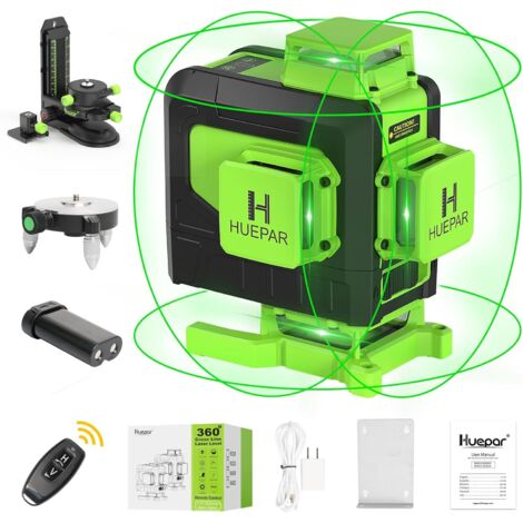 Huepar 16 líneas 4D Nivel láser de línea cruzada Línea de haz verde con batería de iones de litio para pisos de baldosas Multifunción y control remoto 904DG