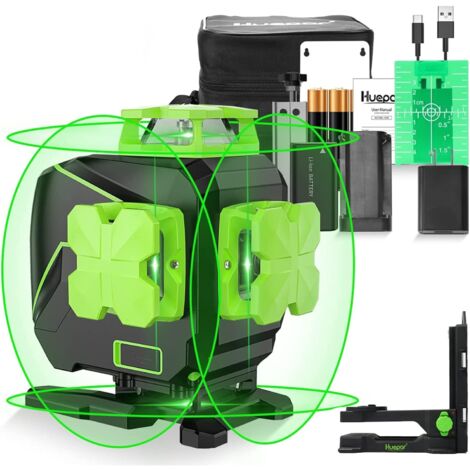 Nivel láser autonivelante Huepar de 16 líneas, 4 líneas cruzadas de 360°, herramienta láser recargable de haz verde 4D para pisos de baldosas, 2 líneas láser horizontales de 360° y 2 líneas láser vert
