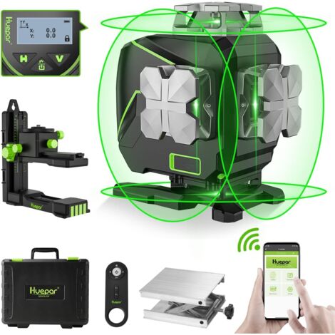 Huepar - Nivel láser autonivelante de 16 líneas, 4 líneas cruzadas de 360° con pantalla LCD, herramienta láser para suelos de baldosas con haz verde Bluetooth 4D, láser horizontal/vertical de 360°, co