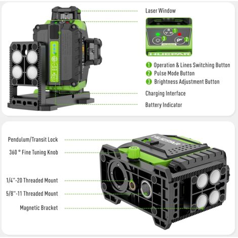 Huepar Livello Laser Elettronico Autolivellante 3D A Raggio Verde 3x360 Cross Line 130ft Livello Professionale Dt03g 31762594 - Foto 12