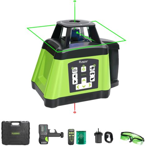 Huepar Green Kit livella laser rotante autolivellante - Punti a piombo orizzontali e verticali su e giù - Livella laser rotante a doppia inclinazione con raggio verde, telecomando, ricevitore incluso 