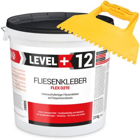 LEVEL+ SET Fliesenkleber Fertig Dispersionkleber L+12 - 20KG + Kunstoffzahnspachtel