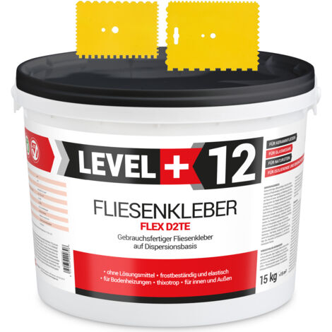 LEVEL+ SET Fliesenkleber Fertig Dispersionkleber L+12 - 15KG + 2St. Zahnspachtel 8x13cm + 13x9cm
