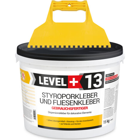 LEVEL+ SET Styroporkleber Dispersionkleber Dekor Deckenplatten L+13 - 15KG + Kunstoffzahnspachtel (1/5)