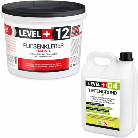 LEVEL+ Fliesenkleber 10Kg + Tiefengrund 5L Dispersionkleber Weiß Steinkleber SET206