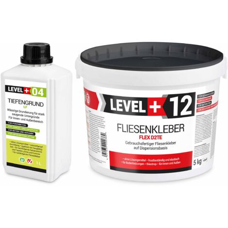 LEVEL+ Fliesenkleber 5Kg + Tiefengrund 1L Dispersionkleber Weiß Steinkleber SET205