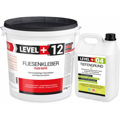 LEVEL+ Fliesenkleber 20Kg + Tiefengrund 5L Dispersionkleber Weiß Steinkleber SET208