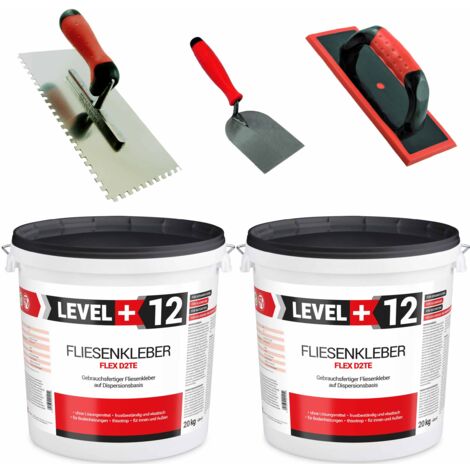 LEVEL+ Fliesenkleber 40Kg + Zahnglätter 6mm + Fugbrett + Spachtelkelle 60mm SET200