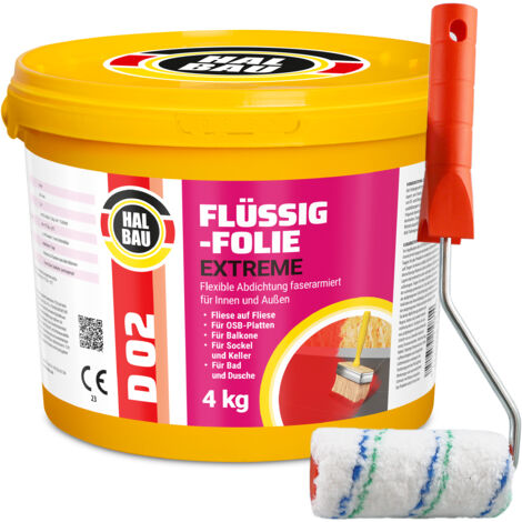 HALBAU Flüssigfolie Extreme Badabdichtung Dichtmembran Dichtfolie + Farbroller 10cm D02 - 4KG