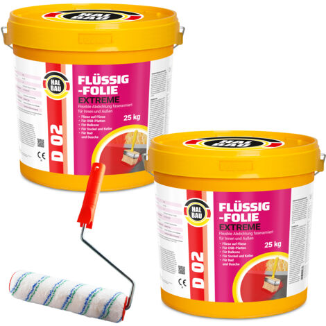 HALBAU Flüssigfolie Extreme Badabdichtung Dichtmembran Dichtfolie + Farbroller 25cm D02 - 50KG